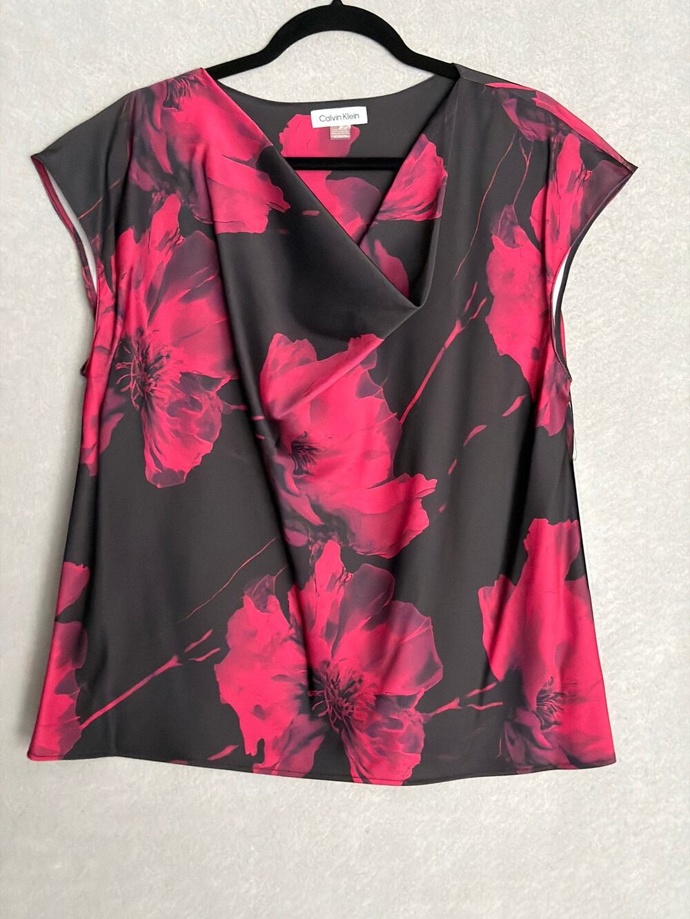 Calvin Klein Rose Pattern Top Cowl Neck Short Dolman Sleeves Women's XL NEW